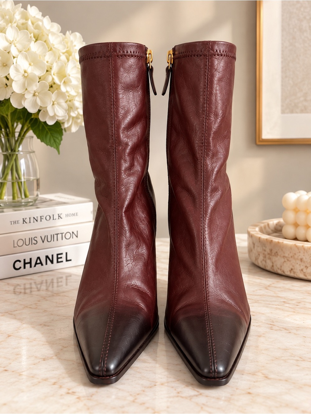 Zara Two-Tone Burgundy and Black Pointed-Toe Mid-Calf Boots